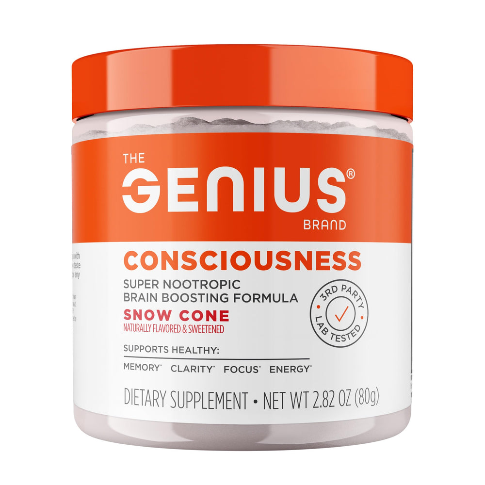 The Genius Brand Genius Consciousness bottle reveals premium nootropic blend for focus.