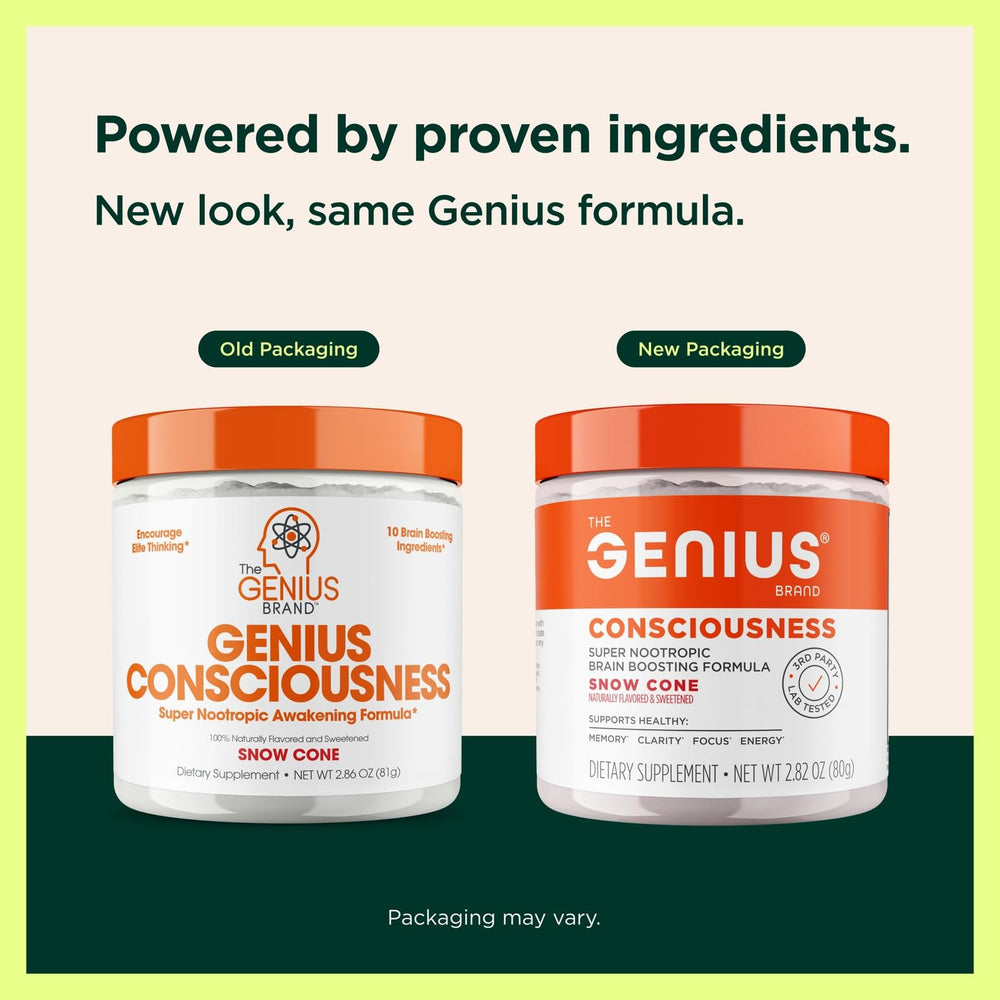 The Genius Brand Genius Consciousness label detail showcases transparent ingredients for reliable daily focus.