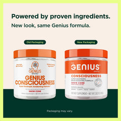 The Genius Brand Genius Consciousness label detail showcases transparent ingredients for reliable daily focus.