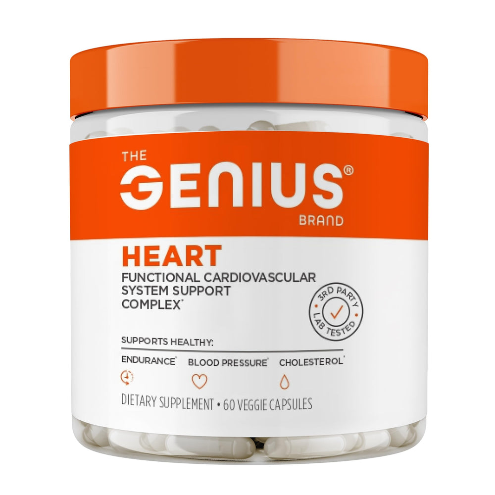 The Genius Brand Genius Heart bottle front shows daily heart support with a vegan formula.