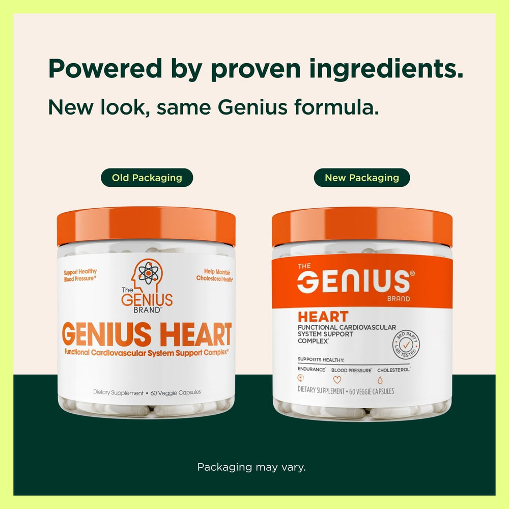 Pouring The Genius Brand Genius Heart capsules illustrates easy daily intake for circulation and energy.
