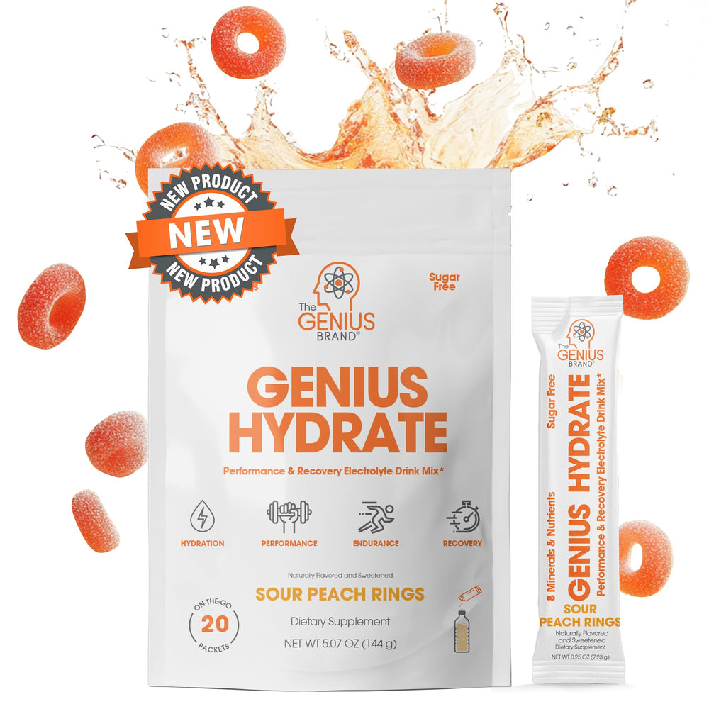 The Genius Brand Genius Hydrate bottle pour for convenient on-the-go hydration.