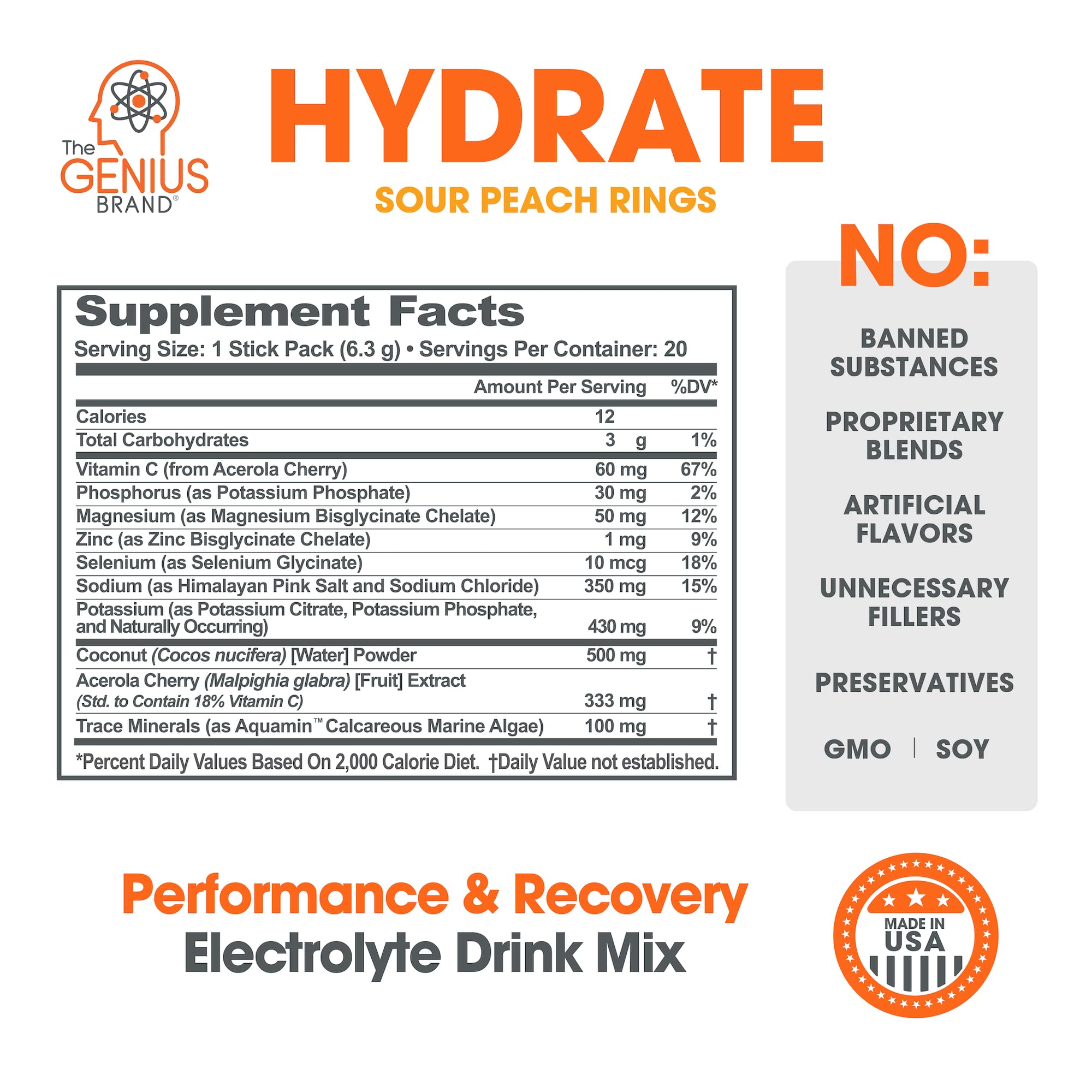 The Genius Brand Genius Hydrate powder scoop shows a sugar-free electrolyte mix.