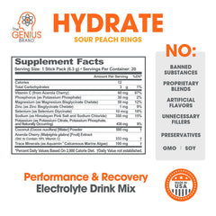 The Genius Brand Genius Hydrate powder scoop shows a sugar-free electrolyte mix.