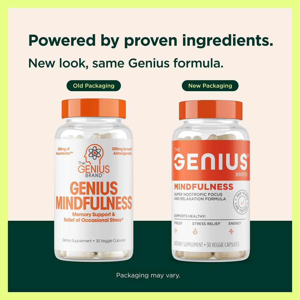 The Genius Mindfulness bottle back highlights ingredients for brain health support.