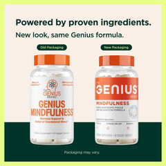 The Genius Mindfulness bottle back highlights ingredients for brain health support.