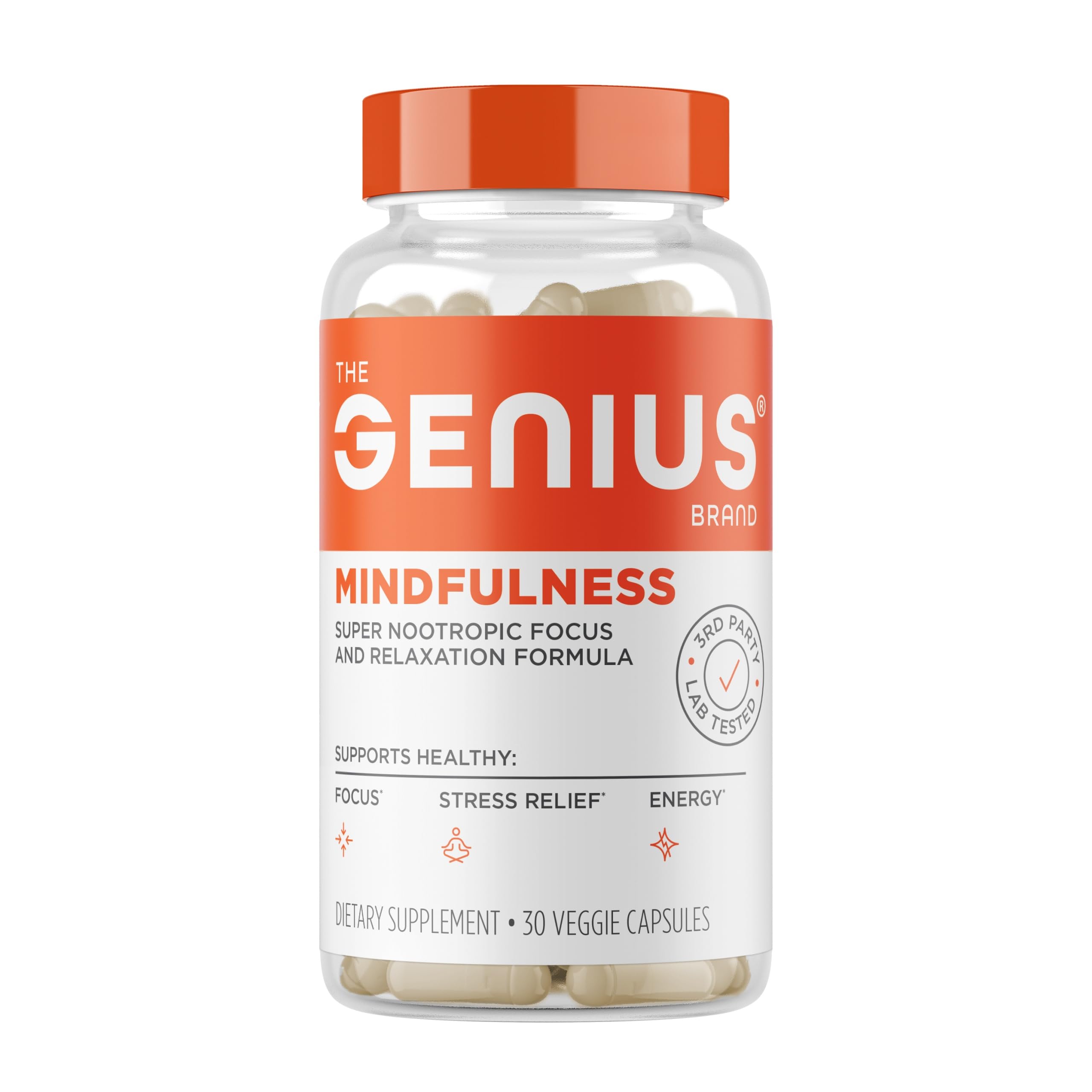 The Genius Mindfulness bottle front, inviting calm focus for daily routines.
