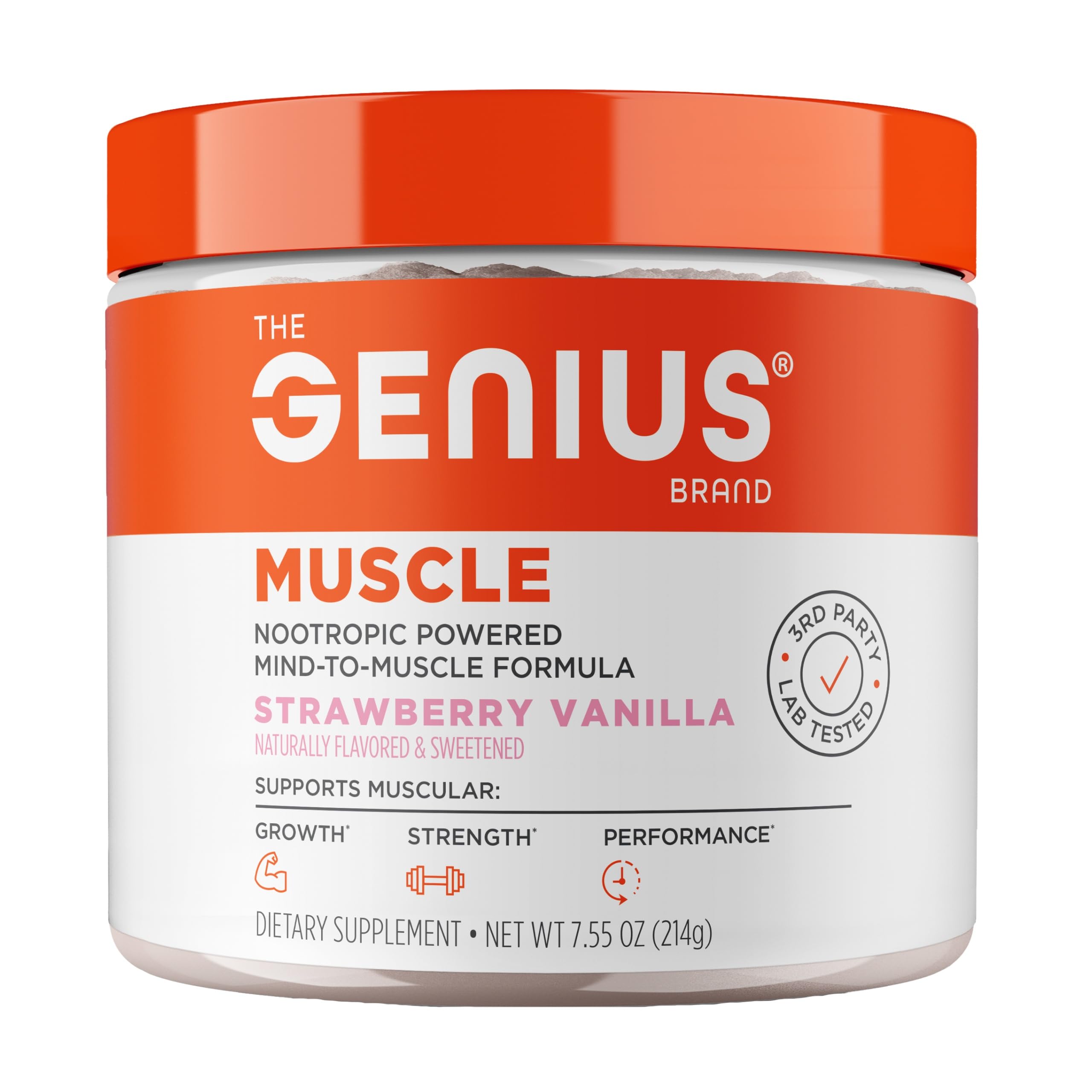 The Genius Brand Genius Muscle bottle on a workout bench promoting non-hormonal muscle health.
