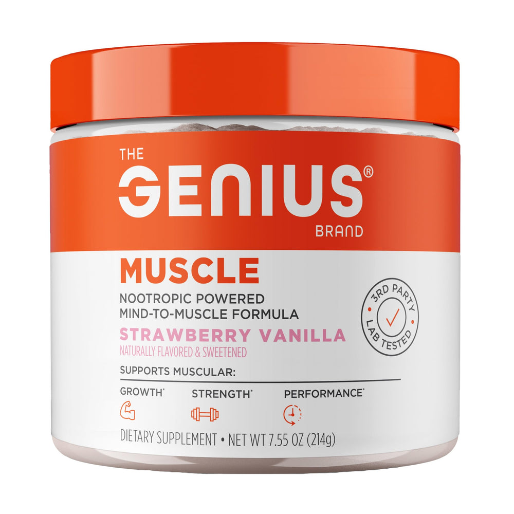 The Genius Brand Genius Muscle bottle on a workout bench promoting non-hormonal muscle health.
