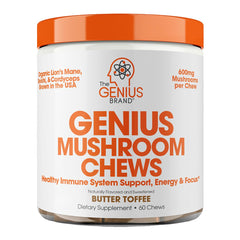 The Genius Brand Genius Mushroom bottle with butter-toffee flavor supports daily focus and energy.