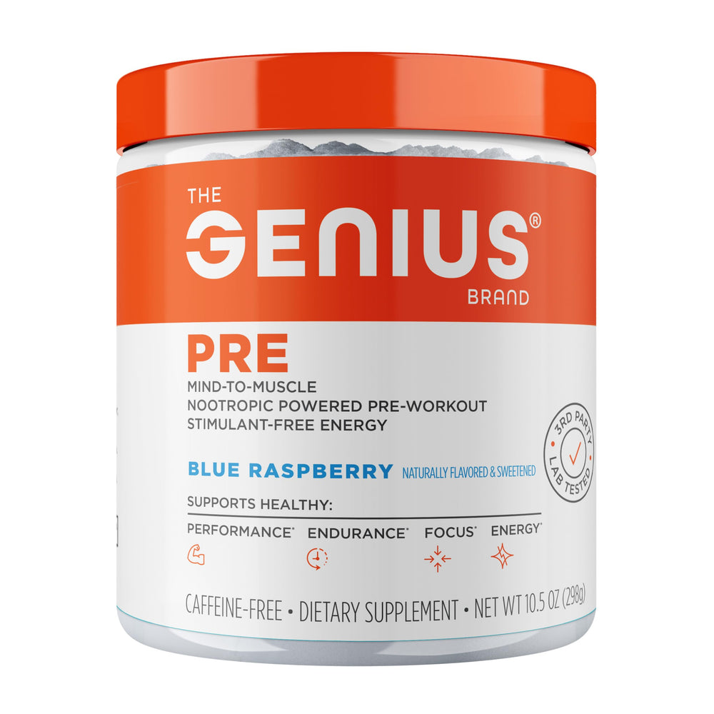 The Genius Brand Genius Pre blue raspberry powder scoop for clean energy.