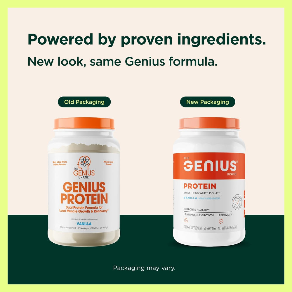 Pouring Genius Protein Powder Vanilla into liquid suggests a smooth post-workout shake.