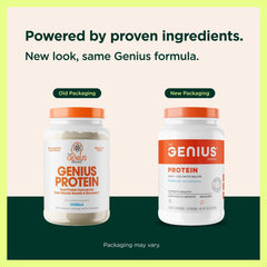 Pouring Genius Protein Powder Vanilla into liquid suggests a smooth post-workout shake.