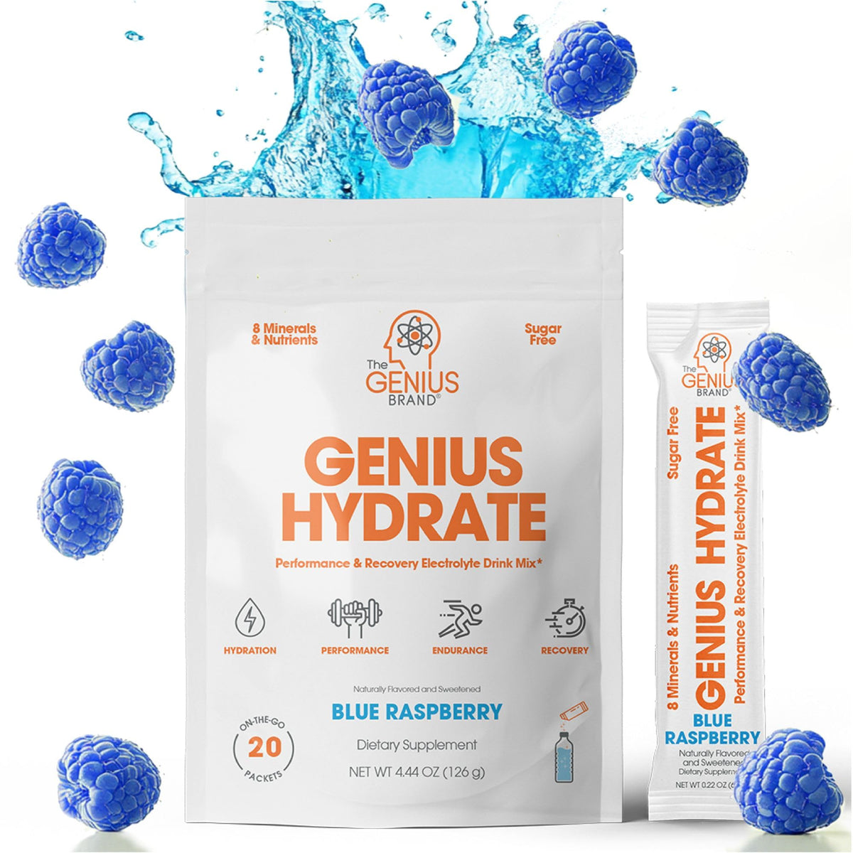 The Genius Brand Hydrate stick in blue raspberry dissolves quickly for on-the-go hydration.