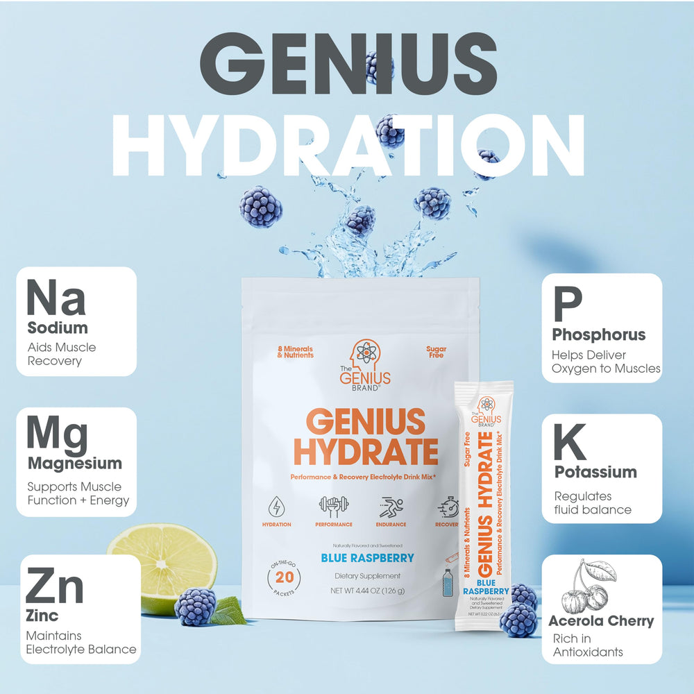 Genius Hydrate contains no added sugars, offering a clean hydration option.