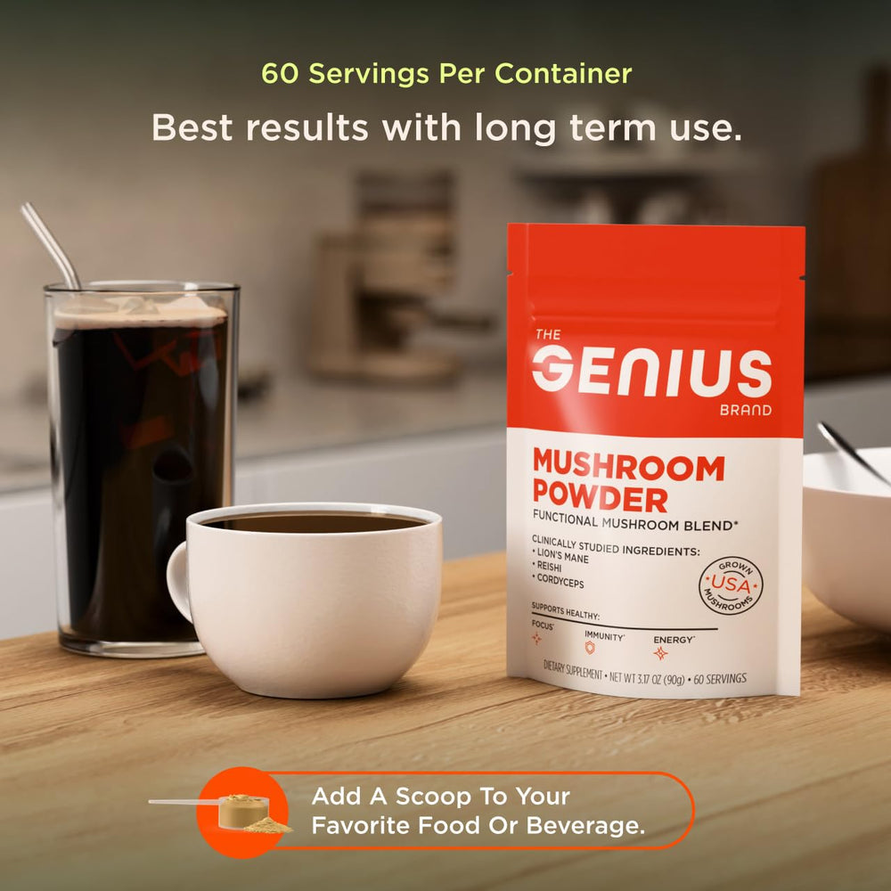Genius Brand Mushroom Powder Cordyceps ingredient highlights subtle energy-boosting compounds.