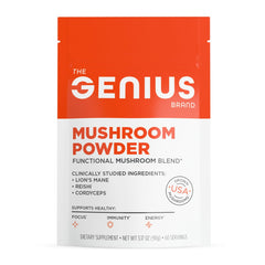 The Genius Brand Mushroom Powder jar label highlights an organic blend for daily wellness.