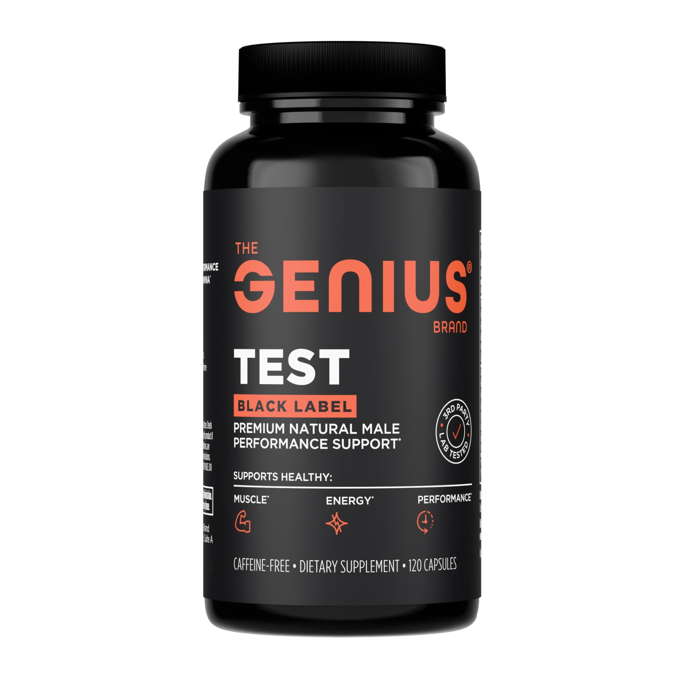 The Genius Brand Test Black Label bottle closed, convenient energy and performance support.
