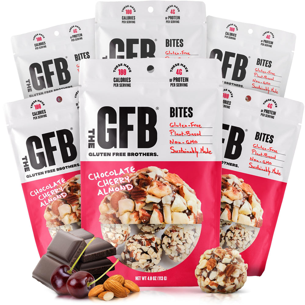 The GFB Chocolate Cherry Almond Protein Bites packshot showing gluten-free, plant-based snack