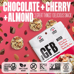 The GFB Chocolate Cherry Almond Bites visuals with cherries and dark chocolate