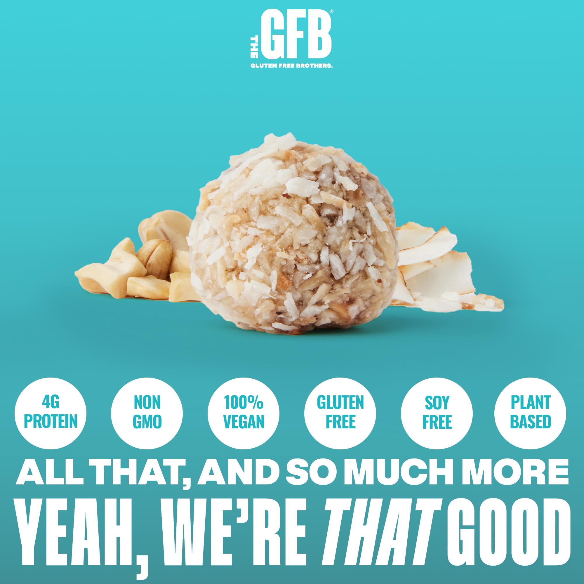 The GFB Coconut Cashew Bites ingredients close-up emphasizing plant-based protein and organic sources