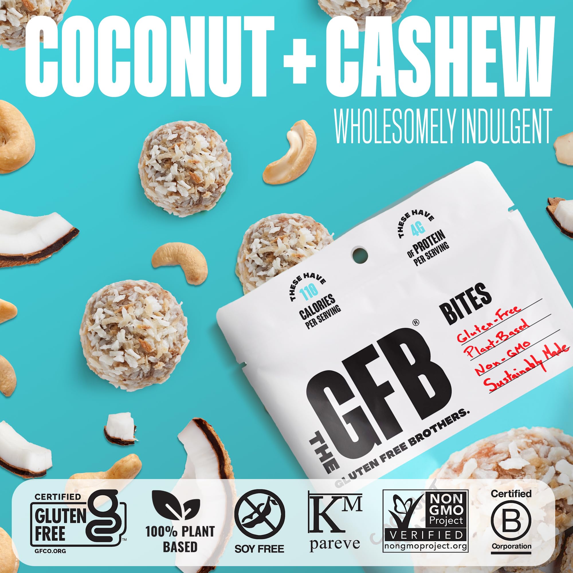 The GFB Coconut Cashew Bites texture close-up showing creamy, chewy, crispy contrasts