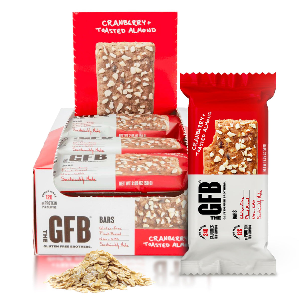 The GFB Cranberry Toasted Almond Bar stacked for a protein-packed snack.