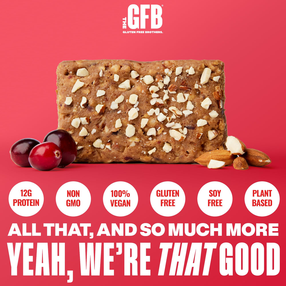 Close-up of The GFB Cranberry Toasted Almond Bar ingredients highlight plant-based, gluten-free options.