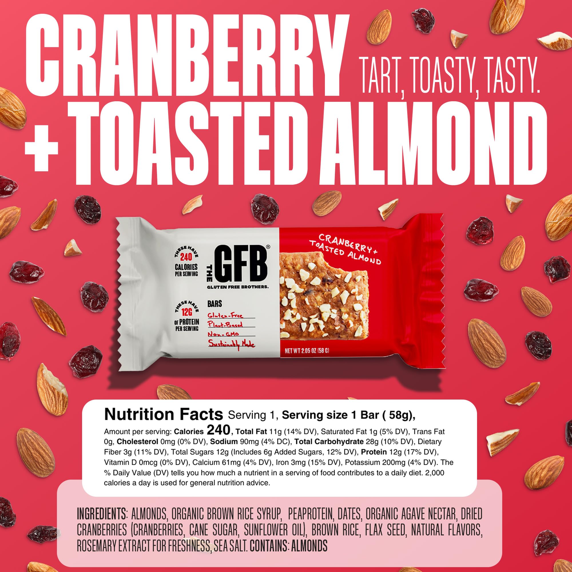 The GFB Cranberry Toasted Almond Bar package displayed on a shelf.