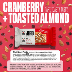 The GFB Cranberry Toasted Almond Bar package displayed on a shelf.