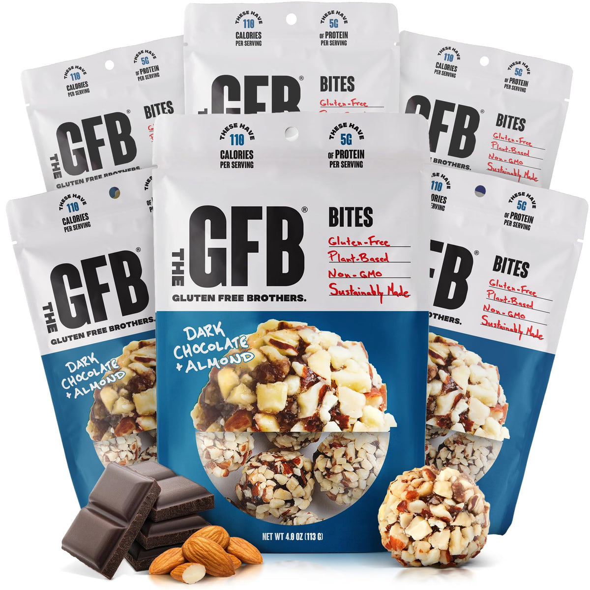The GFB Dark Chocolate Almond Protein Bites pack shot highlighting convenient gluten-free bites