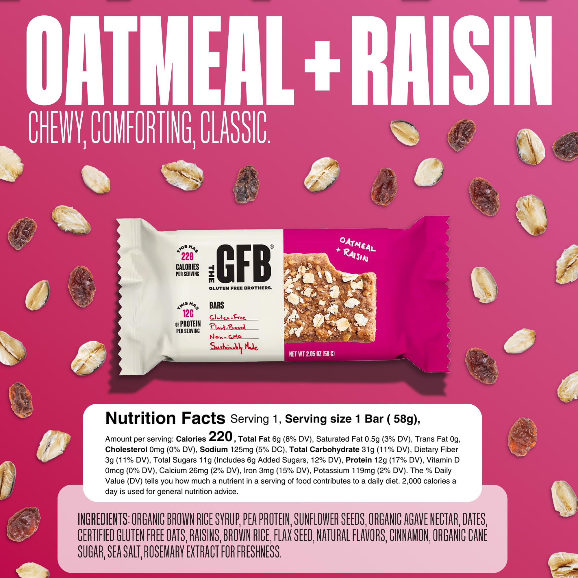 The GFB Oatmeal Raisin Bar ingredients highlight organic components and plant-based protein.