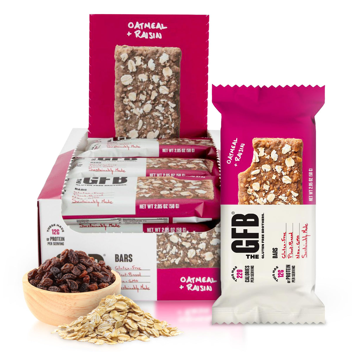 The GFB Oatmeal Raisin Bar pack on shelf highlights gluten-free, plant-based protein.