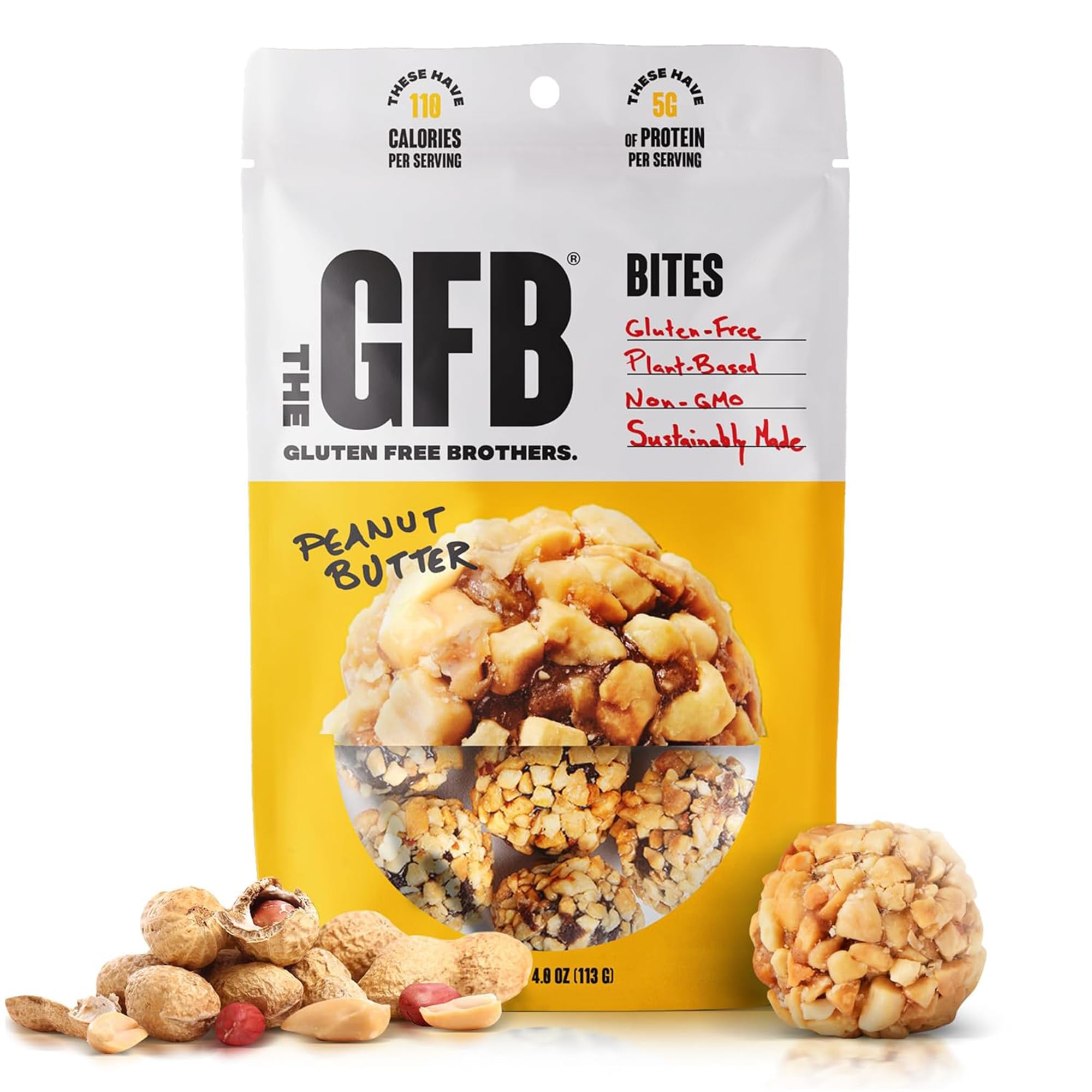 The GFB Peanut Butter Protein Bites pack on a shelf, a gluten-free snack option.