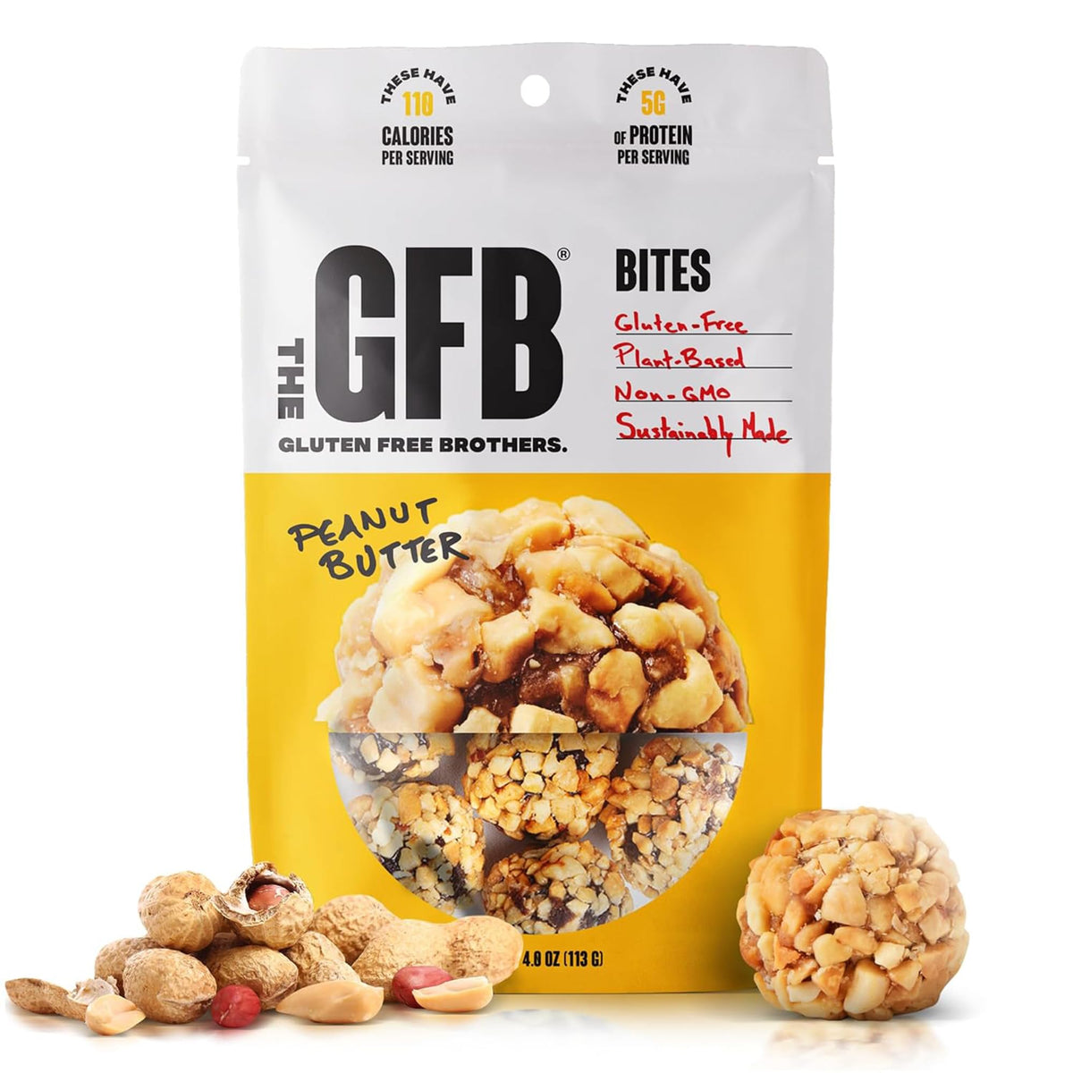 The GFB Peanut Butter Protein Bites pack on a shelf, a gluten-free snack option.