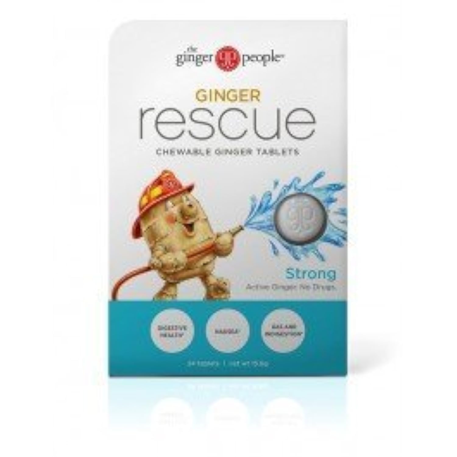The Ginger People Ginger Rescue chewable tablets bottle with strong ginger flavor for digestive comfort.
