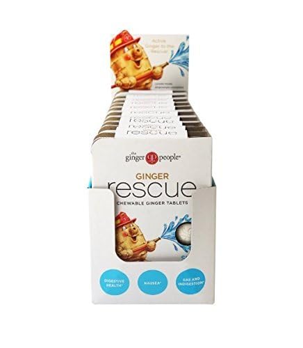 The Ginger People Ginger Rescue chewable tablets caddy promoting convenient, drug-free use anywhere.