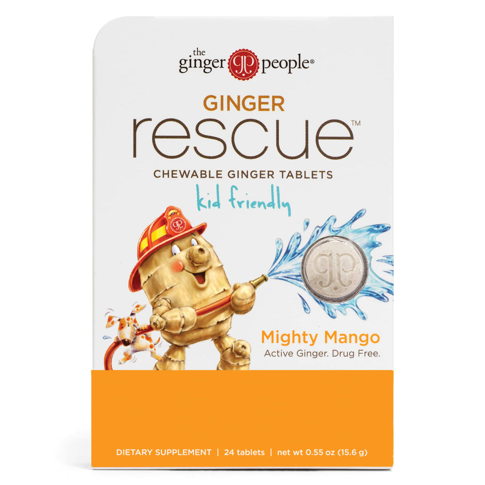 The Ginger People Ginger Rescue mango chewables front packaging shows kid-friendly flavor.
