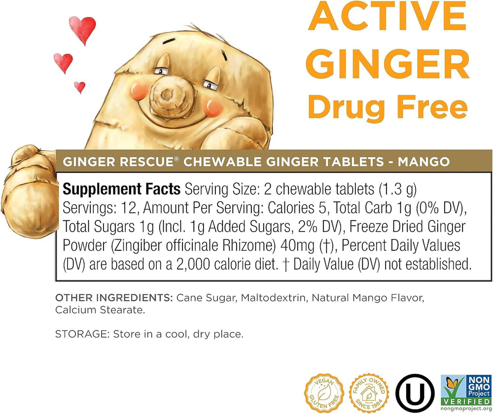 Ingredient panel on The Ginger People Ginger Rescue mango chewables highlights real ginger and mango flavor.