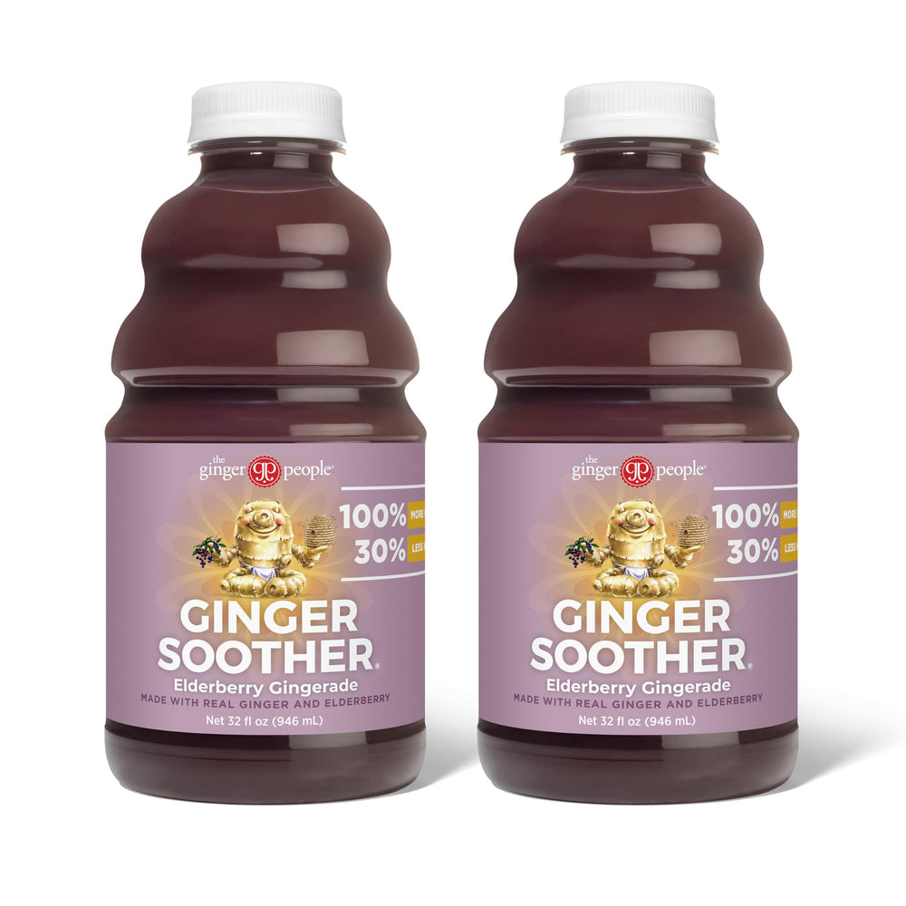 The Ginger People Ginger Soother Elderberry Gingerade bottle pour showing warm, comforting aroma.