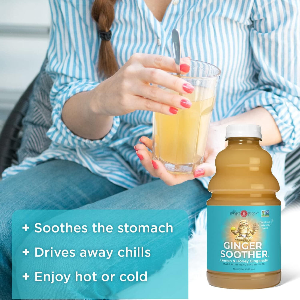 The Ginger People Gingerade glass with ice shows refreshing cold serving.