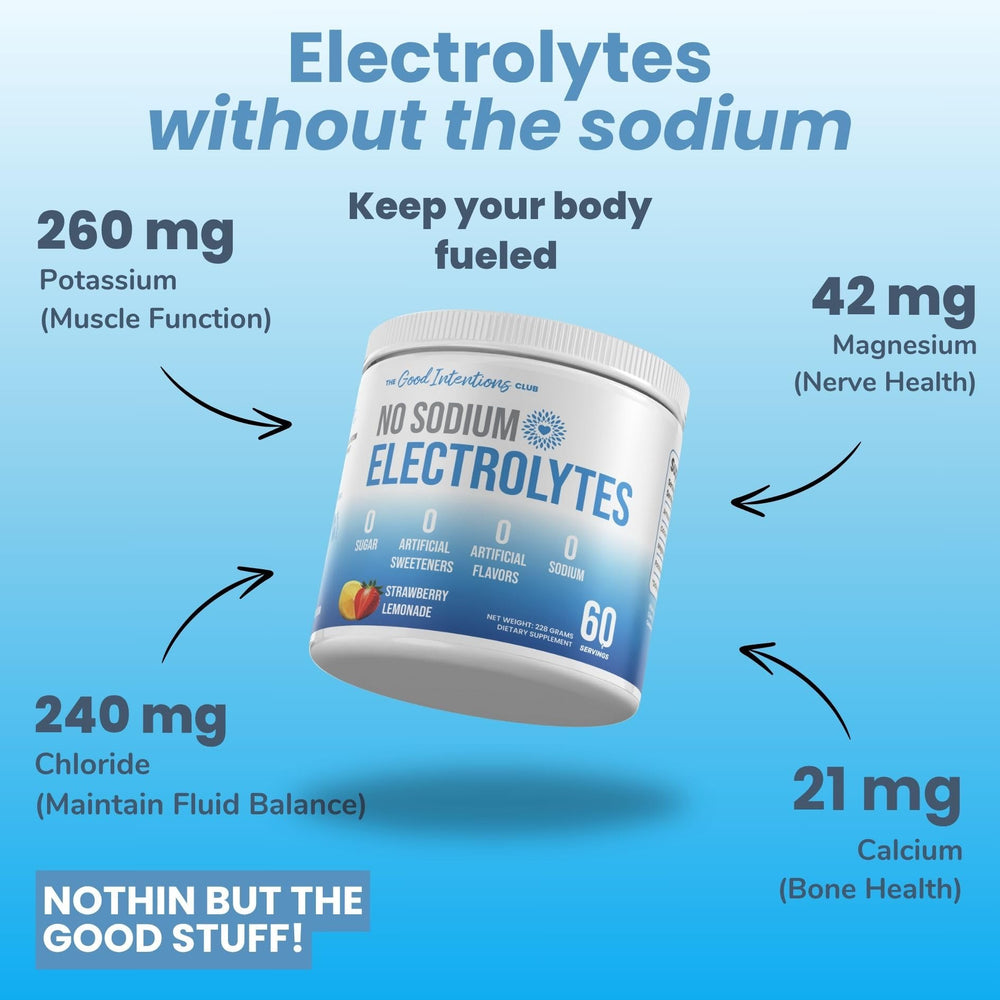 The Good Intentions Club electrolytes scoop dissolving in water for balance.
