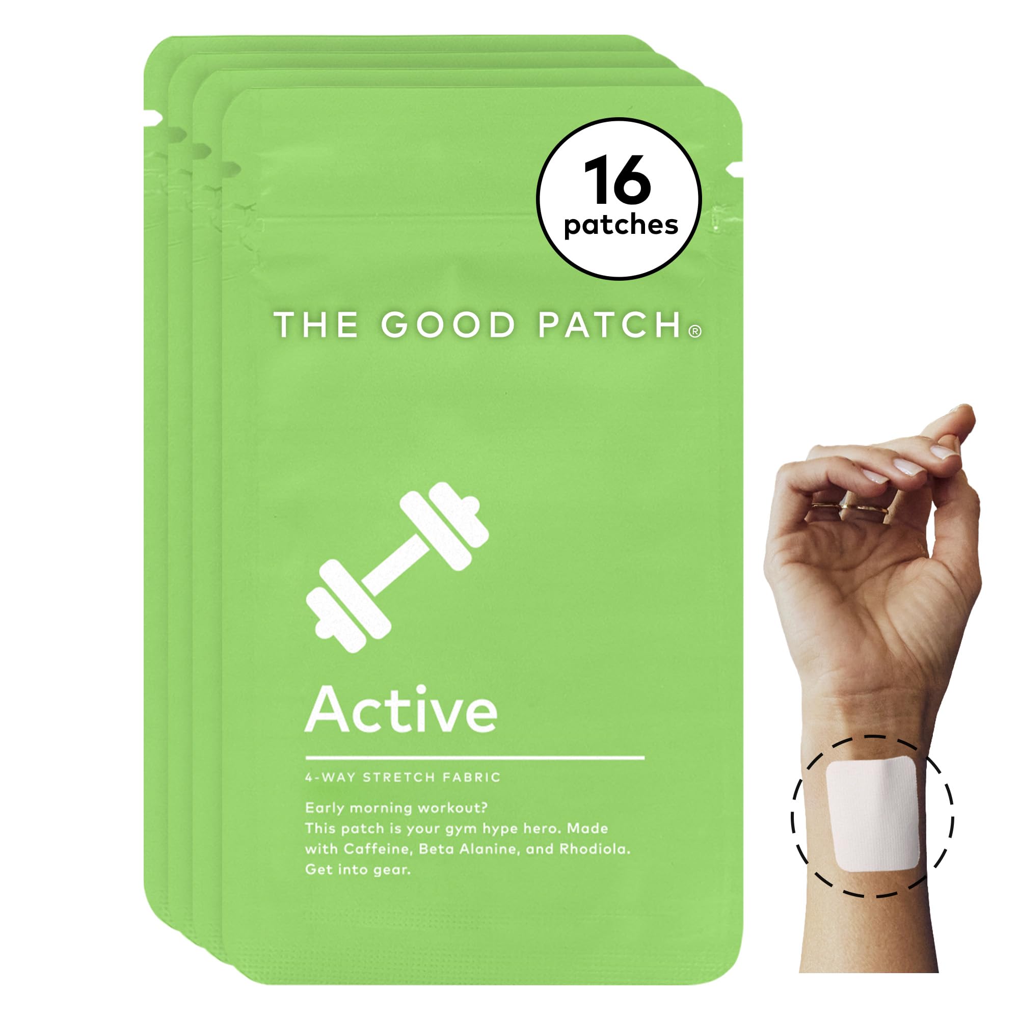The Good Patch Active Patch worn on the wrist for steady energy support.