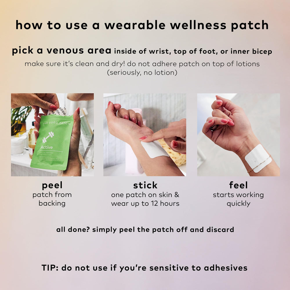 The Good Patch Active Patch pack shown with vegan and non-GMO labeling.