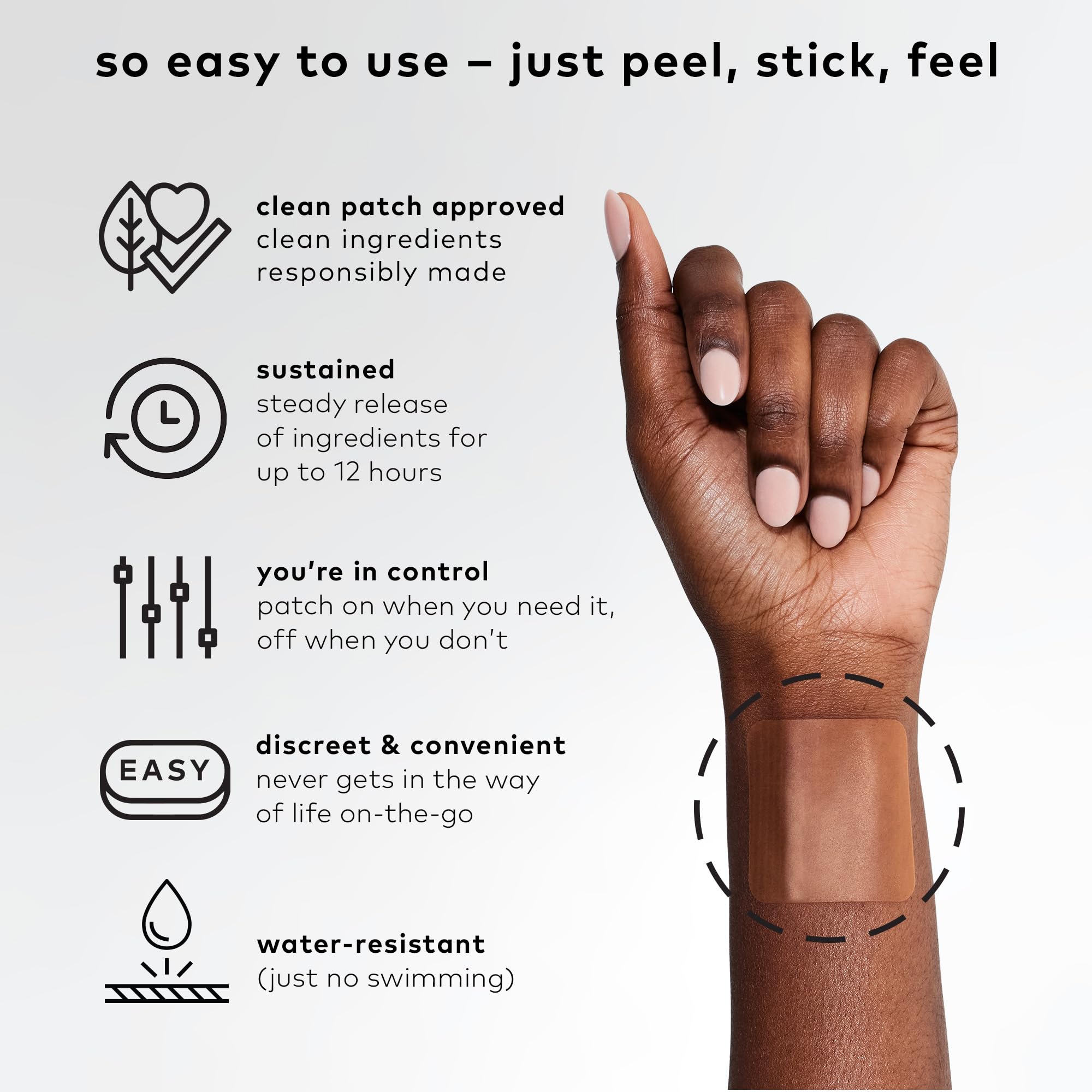 The Good Patch B12 Awake Patch being applied to clean inner wrist for discreet wear.