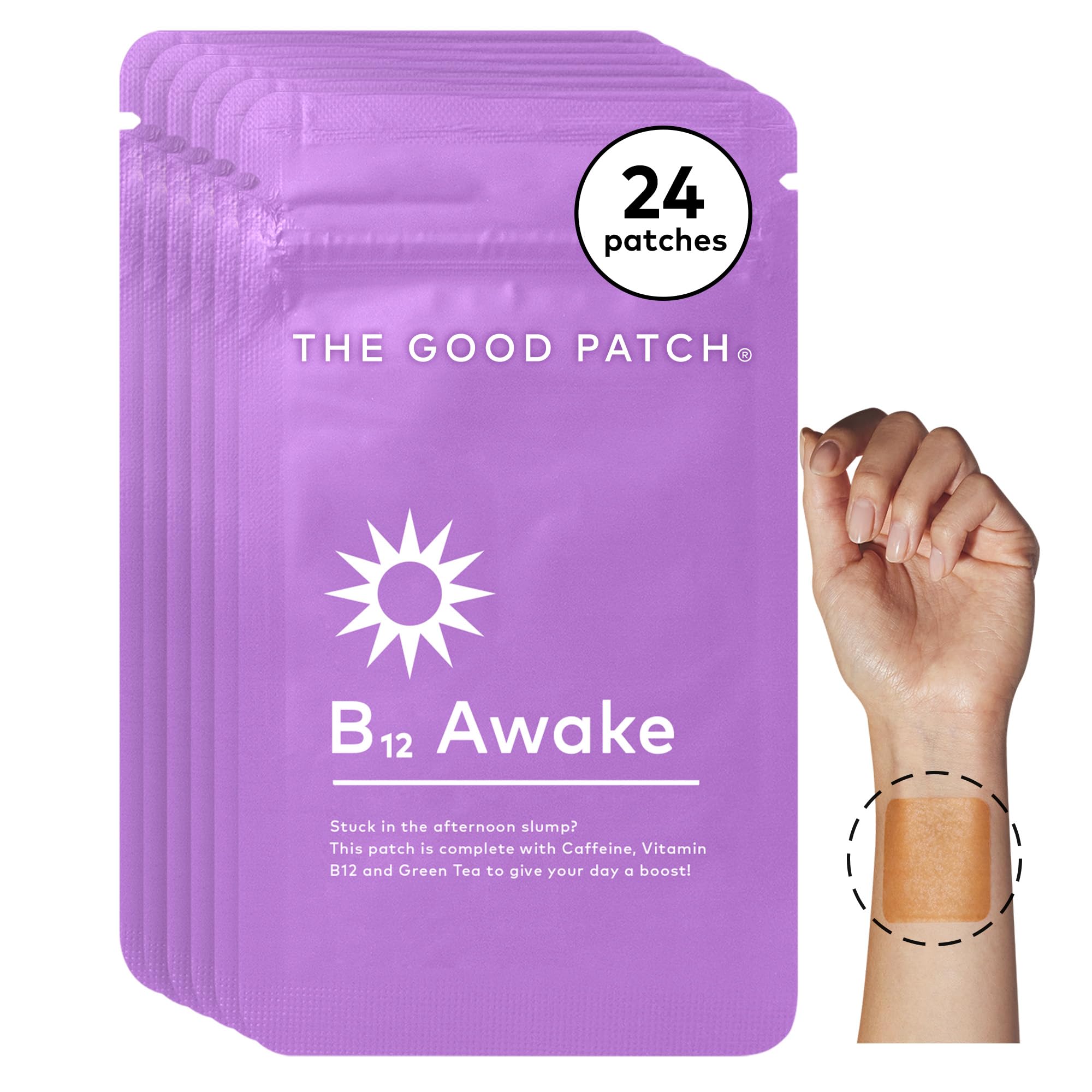 The Good Patch B12 Awake patch on the wrist delivers a discreet energy lift