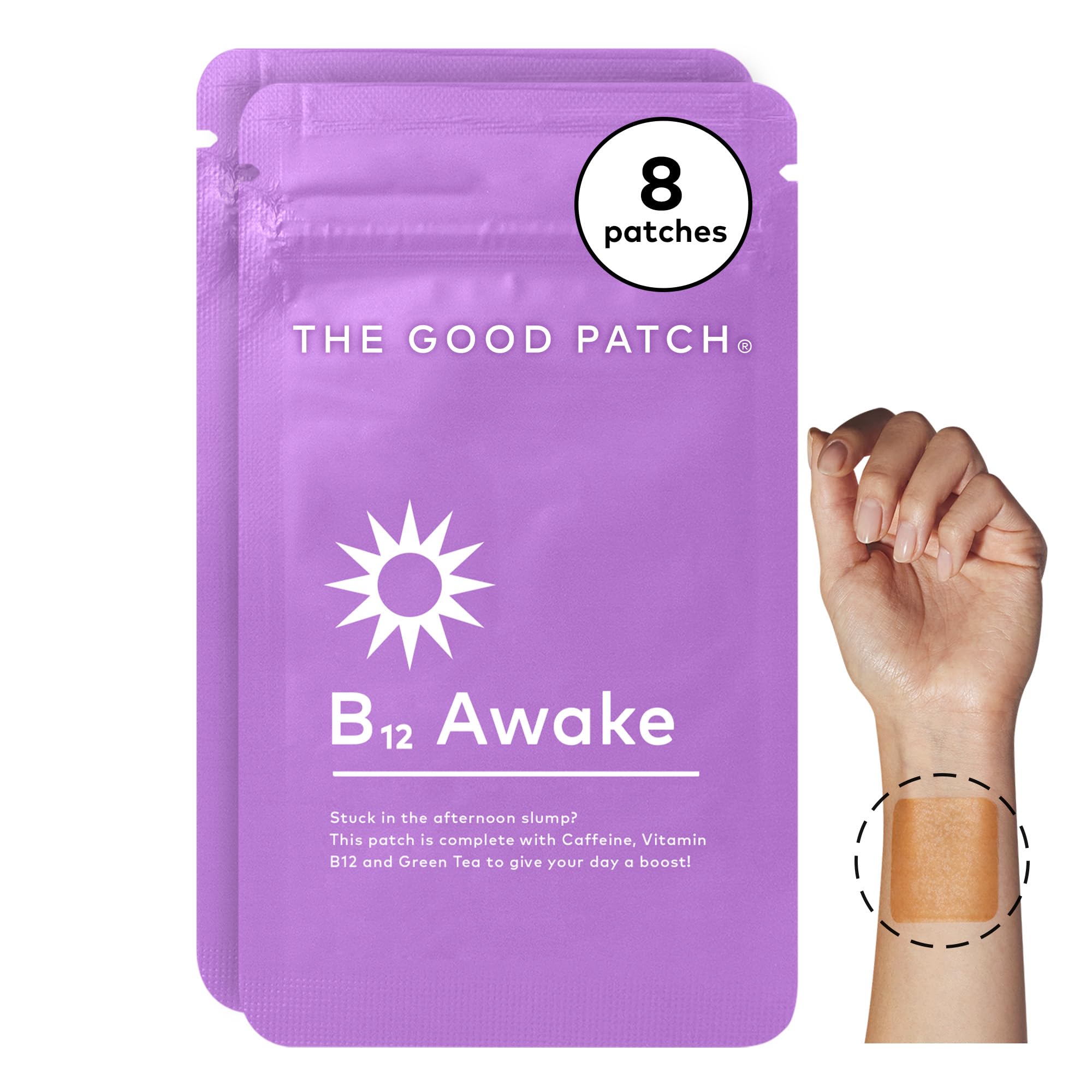 The Good Patch B12 Awake patch packaging shown as a discreet wellness option.