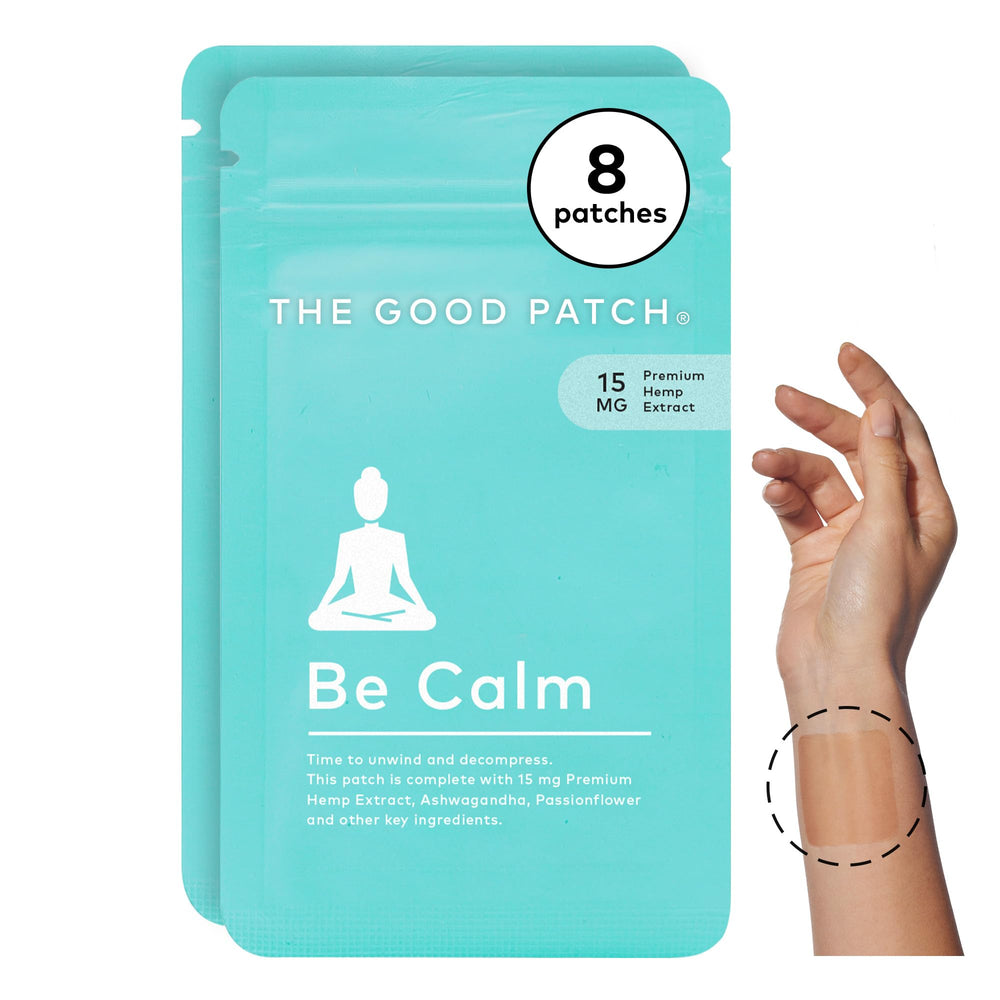 The Good Patch Be Calm Patch on the wrist for discreet relaxation.