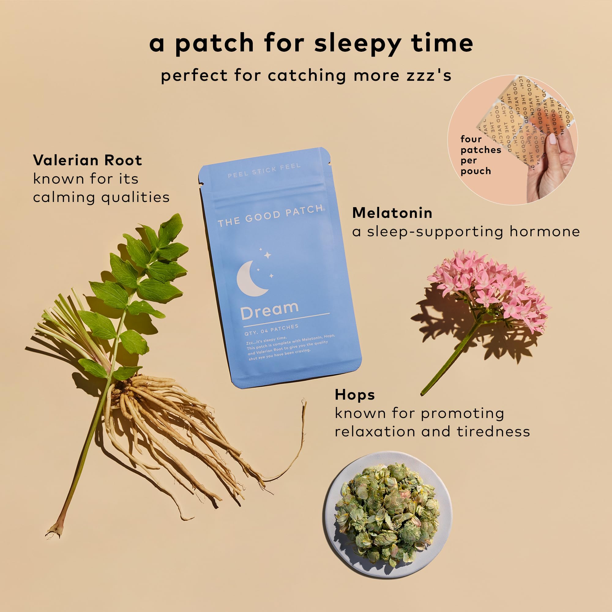 The Good Patch Dream Patch applied to skin for sustained release sleep support.