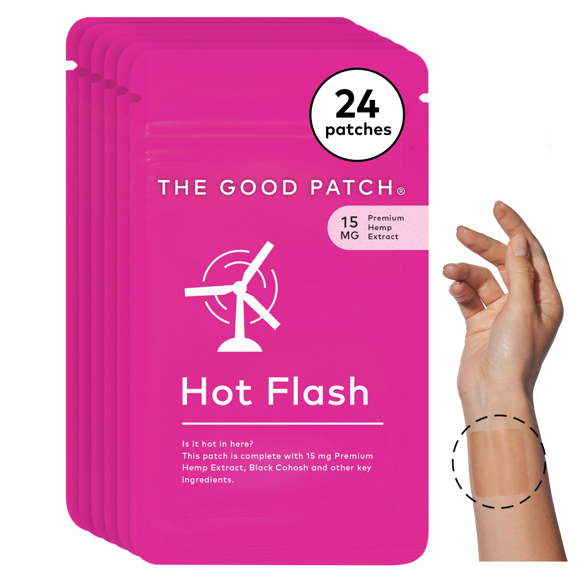 The Good Patch hot flash patch on the wrist offers discreet, plant-powered relief.
